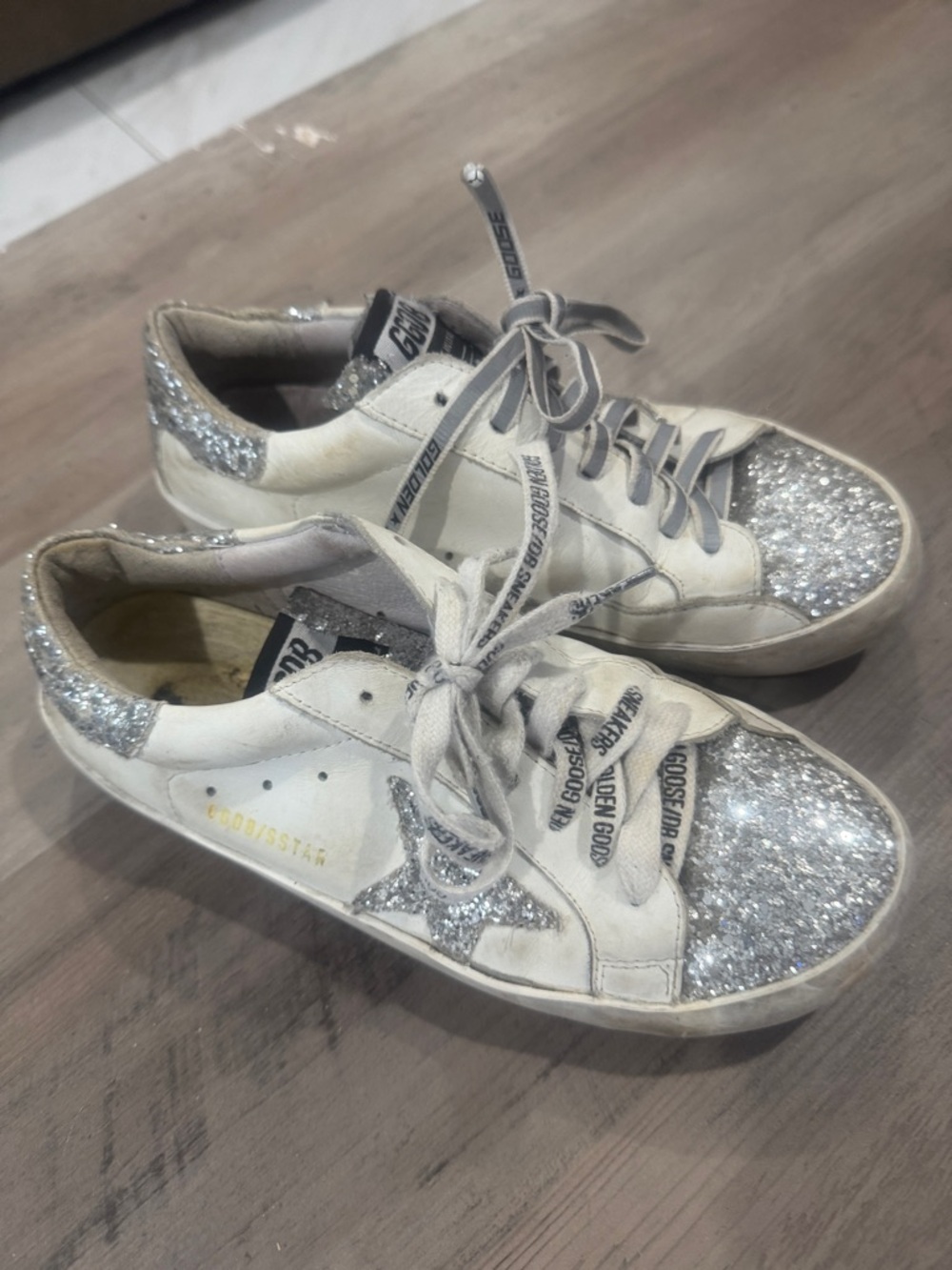 Golden Goose White Sneakers with Silver Glitter Toe & Heel
